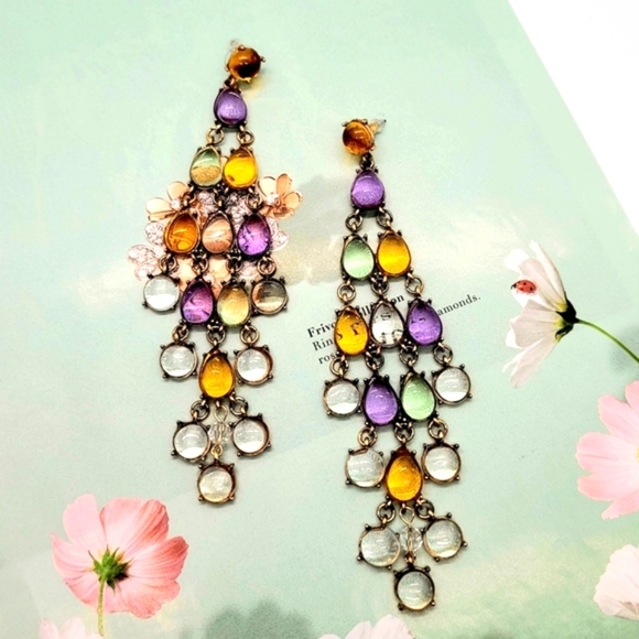 NWT Bohemian Colorful Crystal Dangle Gold Chandelier Earrings - Picture 9 of 15